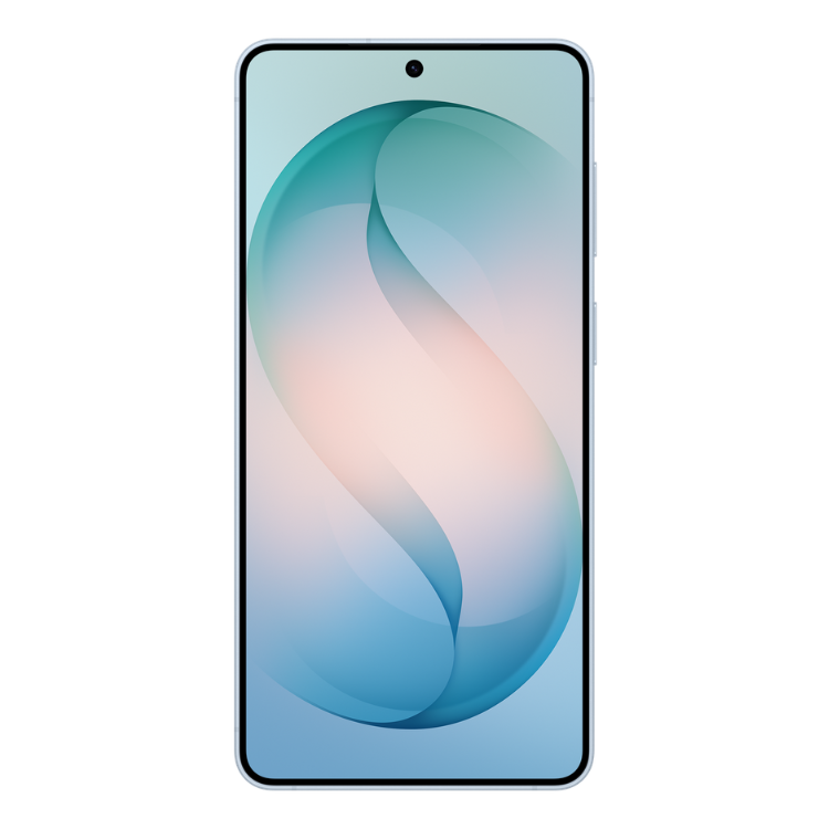Smartphone Samsung Galaxy S26+ azul, ecrã com wallpaper abstrato.