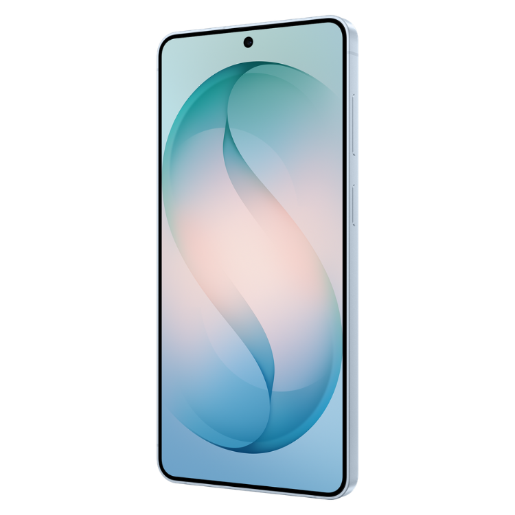 Samsung Galaxy S26, smartphone azul com ecrã colorido.