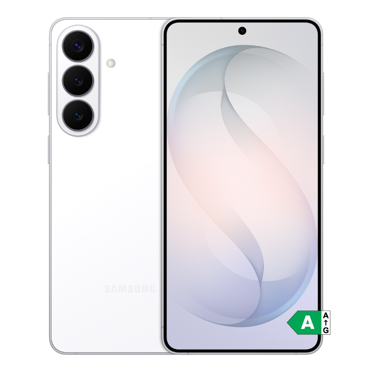 Samsung Galaxy S26+ branco, 12GB/256GB, câmaras triplas e ecrã ligado.