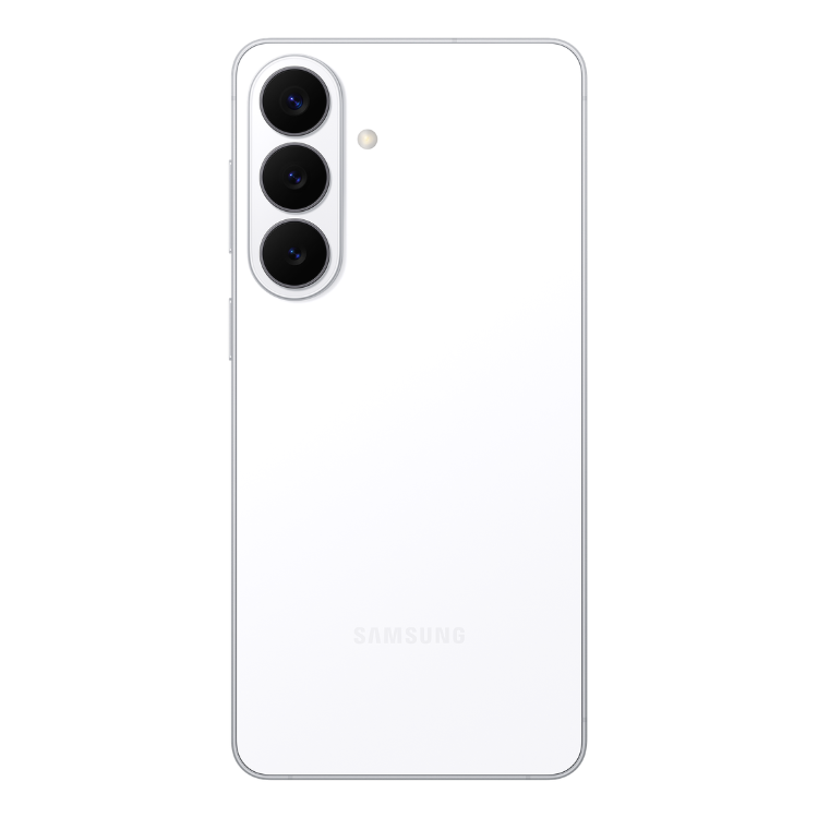 Samsung Galaxy S26+ branco, vista traseira com três câmeras verticais e logotipo da marca.