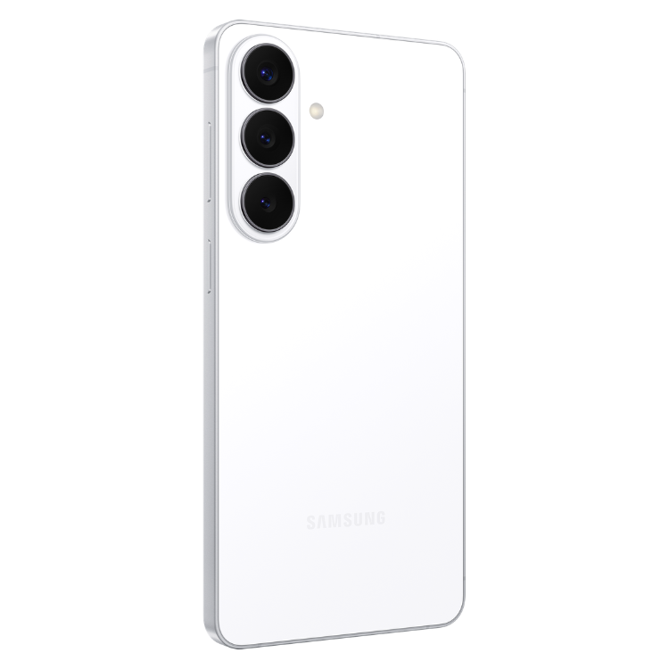 Samsung Galaxy S26+ branco, vista traseira com três câmeras verticais e logotipo da marca.