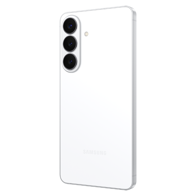 Samsung Galaxy S26+ branco, vista traseira com três câmeras verticais à esquerda e logotipo SAMSUNG na parte inferior.