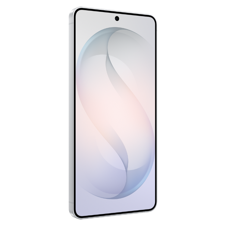 Samsung Galaxy S26 branco, smartphone com ecrã ligado.