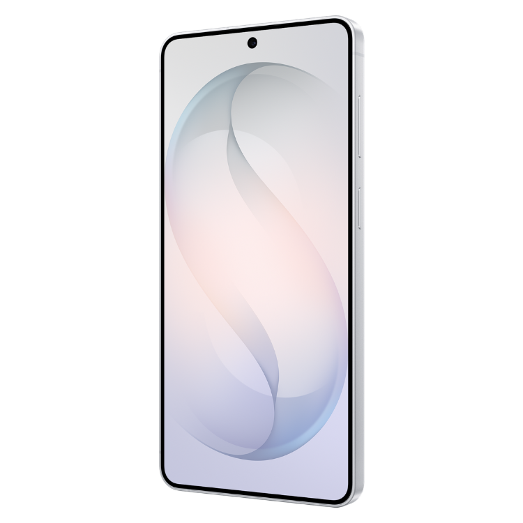 Samsung Galaxy S26, smartphone branco com ecrã ligado.