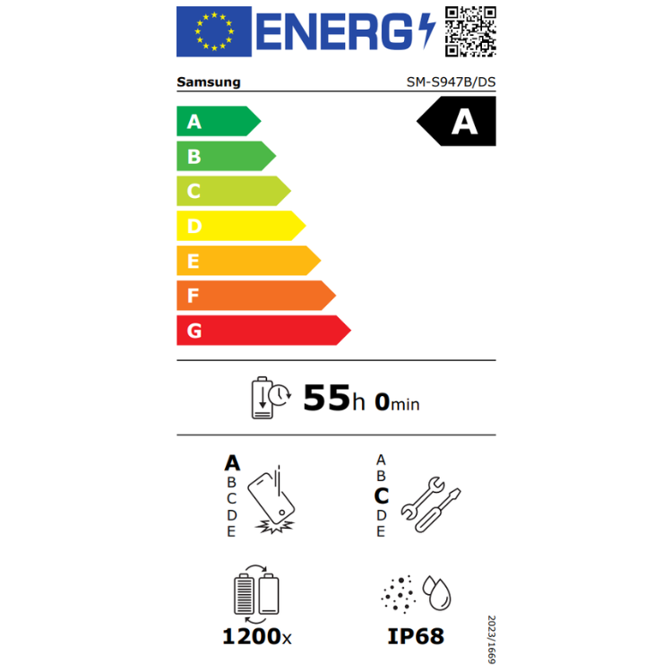 Etiqueta energética do Samsung com classificação A, bateria 55 horas, zoom 1200x e resistência IP68.