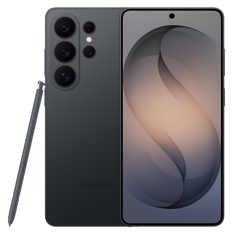 Samsung Galaxy S26 Ultra preto, com caneta stylus, câmaras quádruplas e ecrã ligado.