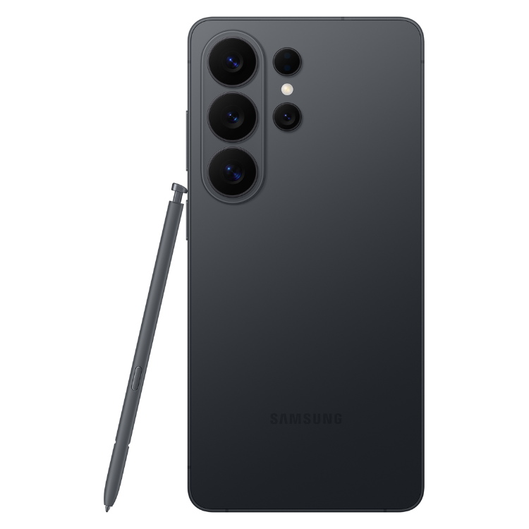 Samsung Galaxy S26 Ultra preto com quatro câmeras e caneta stylus.