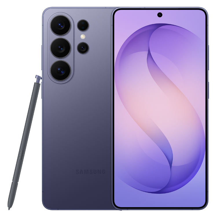 Samsung Galaxy S26 Ultra violeta com caneta stylus e câmeras triplas.
