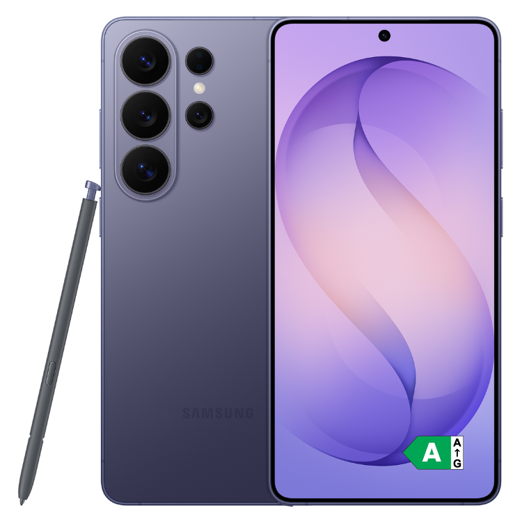 Samsung Galaxy S26 Ultra violeta, com caneta stylus, câmaras quádruplas e ecrã ligado.