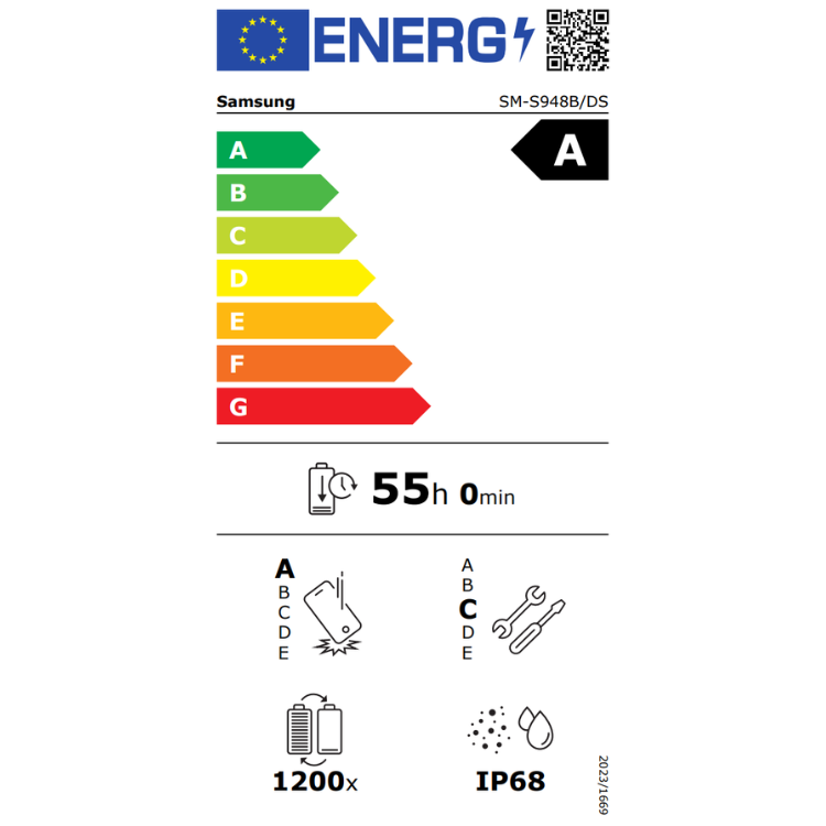 Etiqueta energética do Samsung com classificação A, bateria 55 horas, zoom 1200x e resistência IP68.