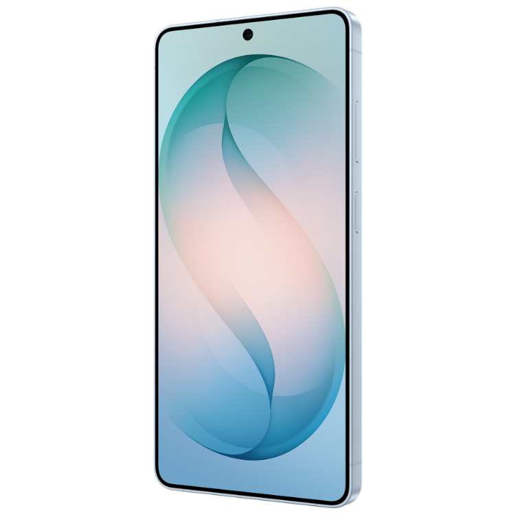 Samsung Galaxy S26 Ultra, smartphone azul com ecrã ligado, mostrando um padrão ondulado em tons de azul e rosa.