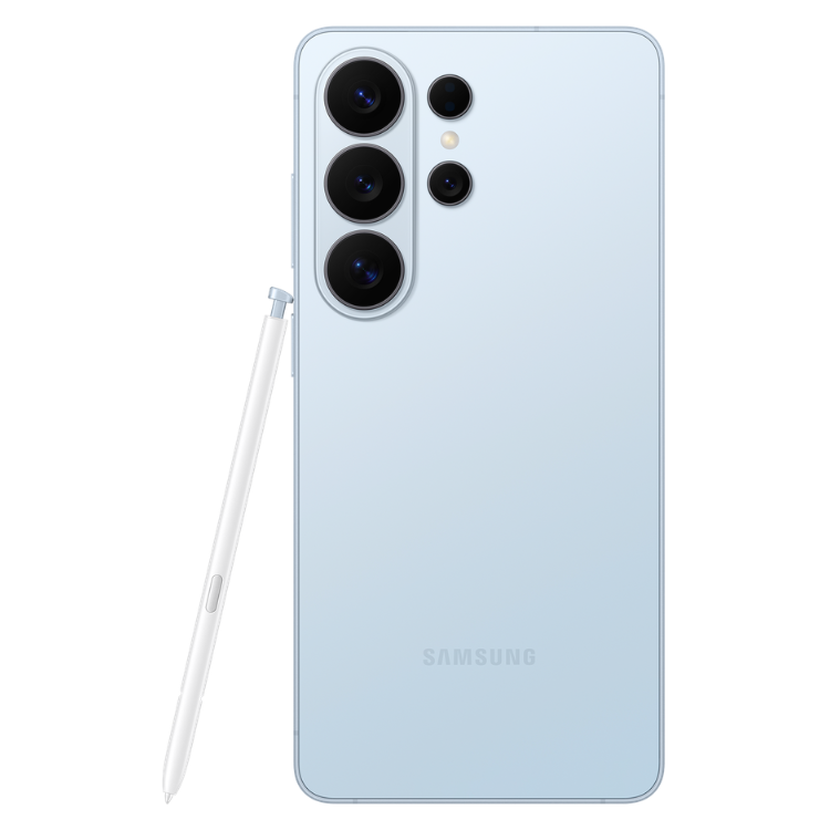 Samsung Galaxy S26 Ultra, azul,  vista traseira com quatro câmeras e caneta stylus.