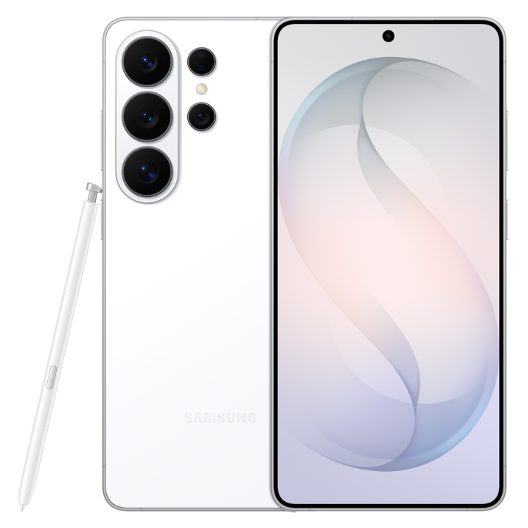 Samsung Galaxy S26 Ultra branco, com caneta stylus, 4 câmeras traseiras e ecrã colorido.