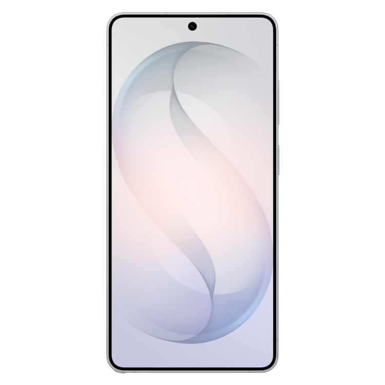 Samsung Galaxy S26 Ultra branco, smartphone 5G com ecrã de fundo suave em tons de azul e rosa.
