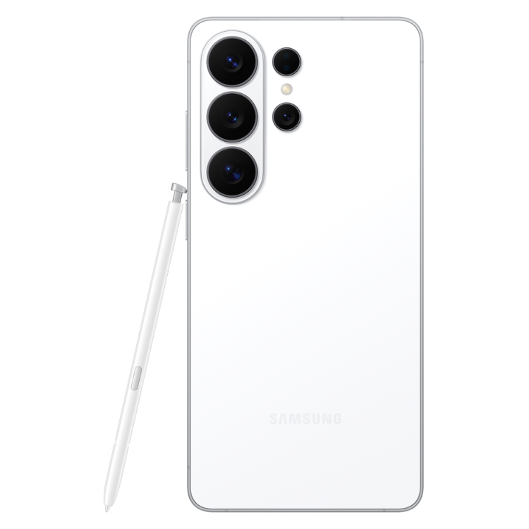 Samsung Galaxy S26 Ultra branco, com quatro câmeras e caneta stylus.