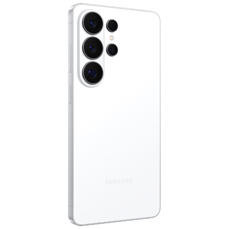 Samsung Galaxy S26 Ultra branco, 4 câmeras traseiras verticais e marca SAMSUNG na parte inferior.