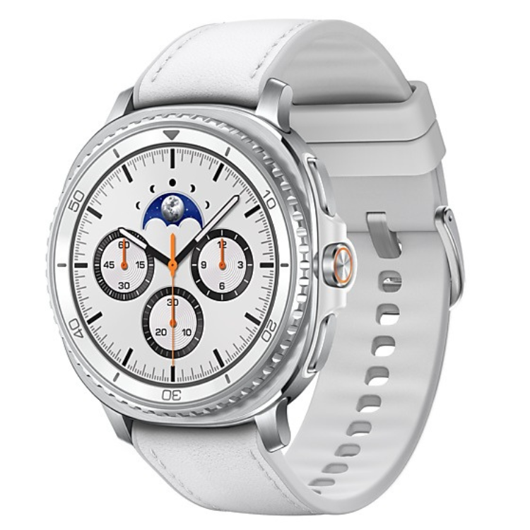 Smartwatch Samsung Galaxy Watch 8 Classic branco 46mm com pulseira branca e ecrã branco com mostradores a preto e laranja.