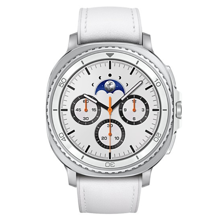 Smartwatch Samsung Galaxy Watch 8 Classic branco 46mm com pulseira de couro branco e mostrador branco com detalhes em laranja e azul.