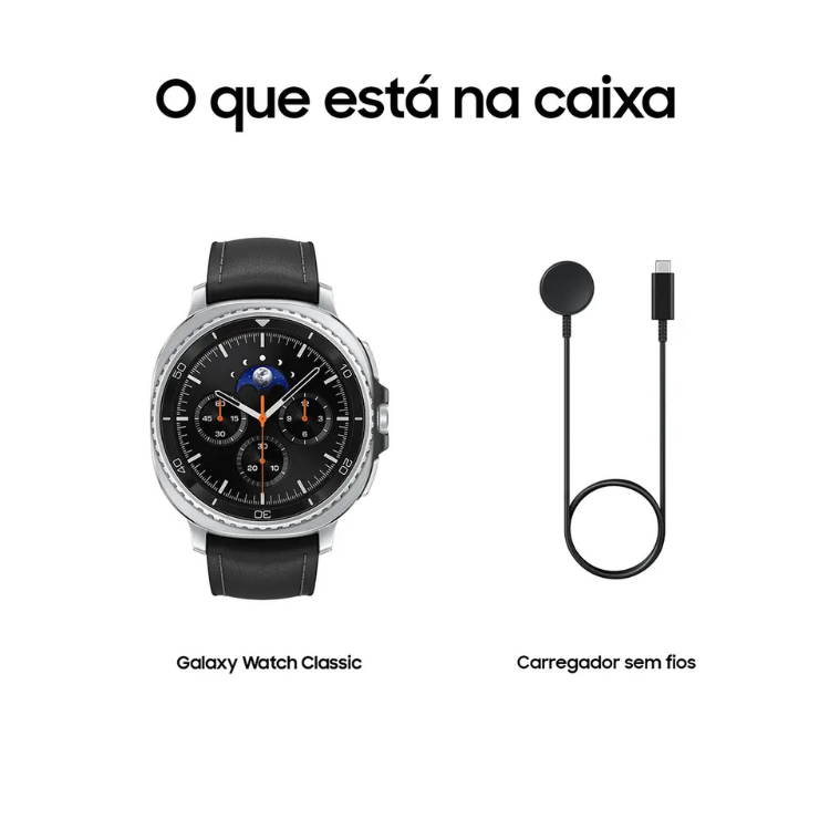 Smartwatch Samsung Galaxy Watch Classic preto 46mm com pulseira preta e carregador sem fios.