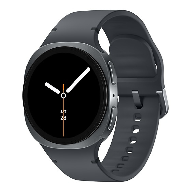 Relógio inteligente Samsung Galaxy Watch 8 cinzento 44mm com pulseira de borracha e ecrã preto.