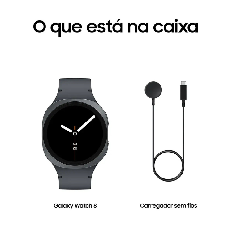 Relógio inteligente Samsung Galaxy Watch 8 cinzento 44mm com carregador sem fios.