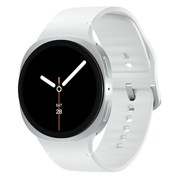 Relógio inteligente Samsung Galaxy Watch 8, 44mm, prateado, pulseira branca.
