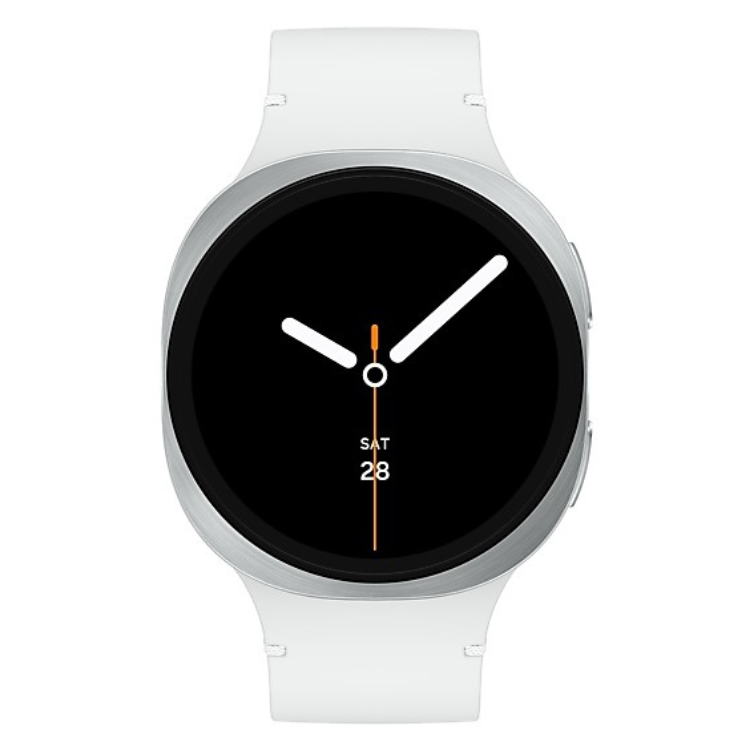 Smartwatch Samsung Galaxy Watch 8, 40mm, prateado, com pulseira branca e ecrã preto.