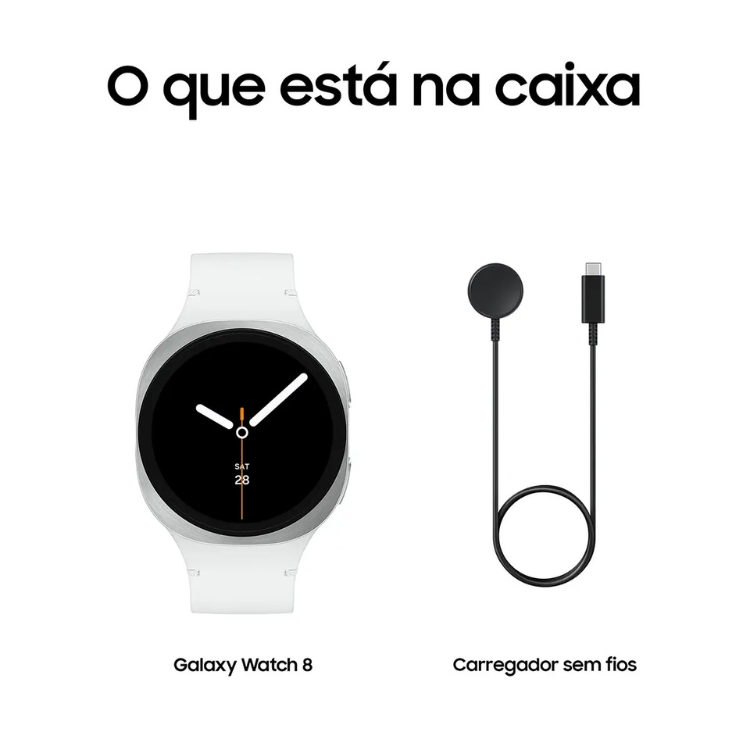 Smartwatch Samsung Galaxy Watch 8 prateado 44mm com pulseira branca e carregador sem fios.