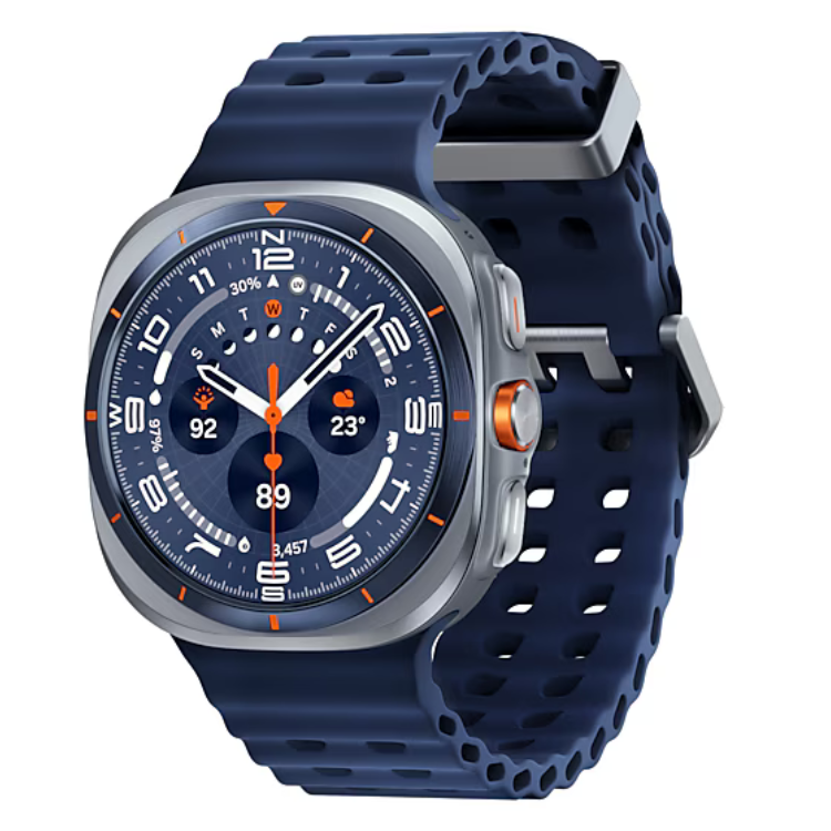 Smartwatch Samsung Galaxy Watch Ultra 2025, 47mm, titânio azul, com pulseira azul e ecrã com mostrador azul e laranja.