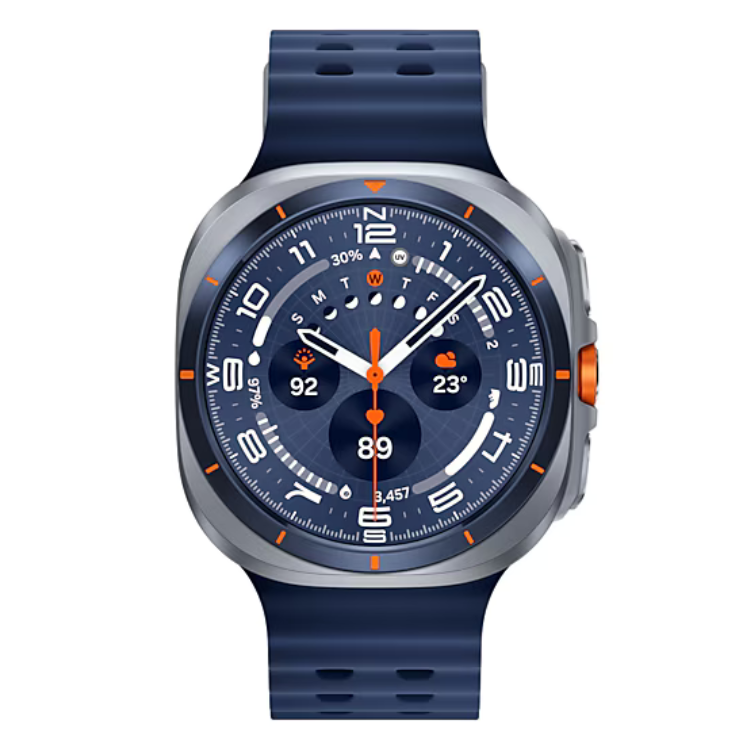Smartwatch Samsung Galaxy Watch Ultra 2025, 47mm, titânio azul, com pulseira azul e detalhes laranja.