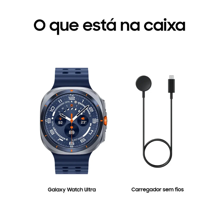 Smartwatch Samsung Galaxy Watch Ultra 2025, 47mm, titânio azul, com pulseira azul e carregador sem fios.