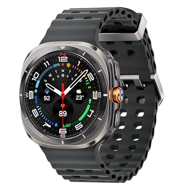 Smartwatch Samsung Galaxy Watch Ultra 2025 47mm preto com pulseira preta e aro prateado.