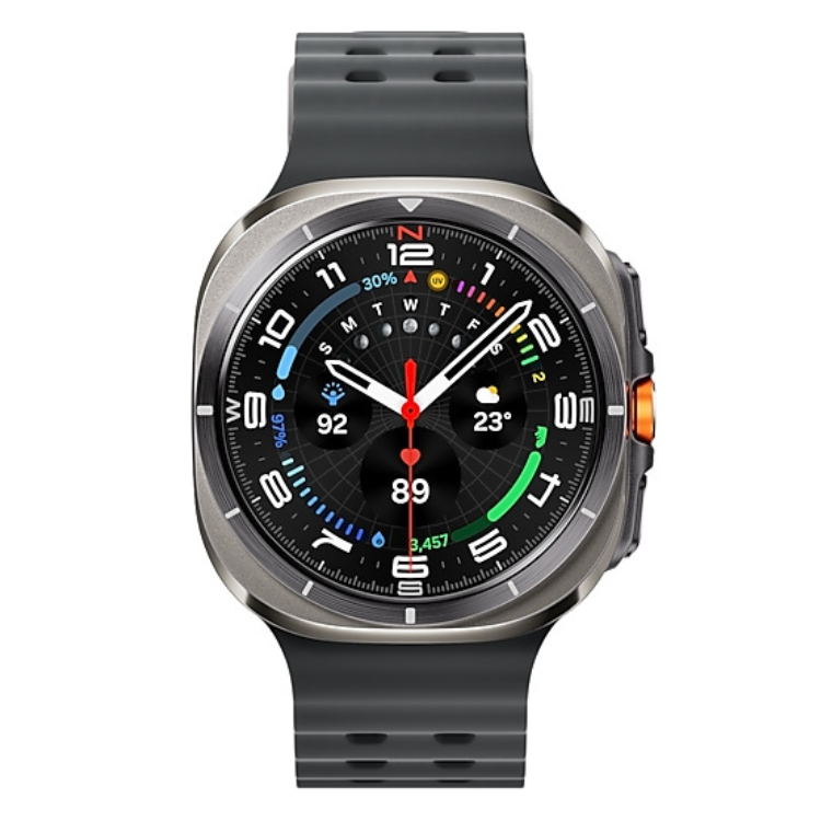Smartwatch Samsung Galaxy Watch Ultra 2025, 47mm, prata, titânio, pulseira preta.