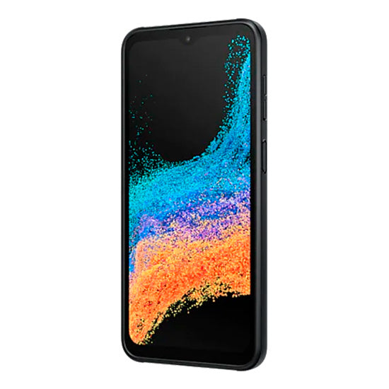 Samsung Galaxy XCover6 Pro, smartphone preto com ecrã de pontos coloridos.