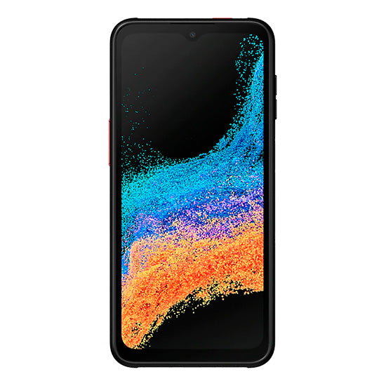 Samsung Galaxy XCover6 Pro, smartphone preto com ecrã colorido.