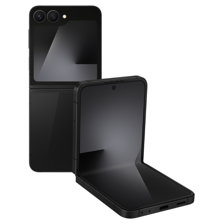 Dois smartphones Samsung Galaxy Z Flip7 FE 5G pretos, um fechado e outro aberto, mostrando ecrãs pretos.