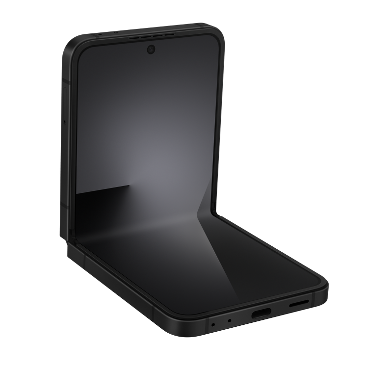 Samsung Galaxy Z Flip7 FE 5G preto, telemóvel dobrável aberto.