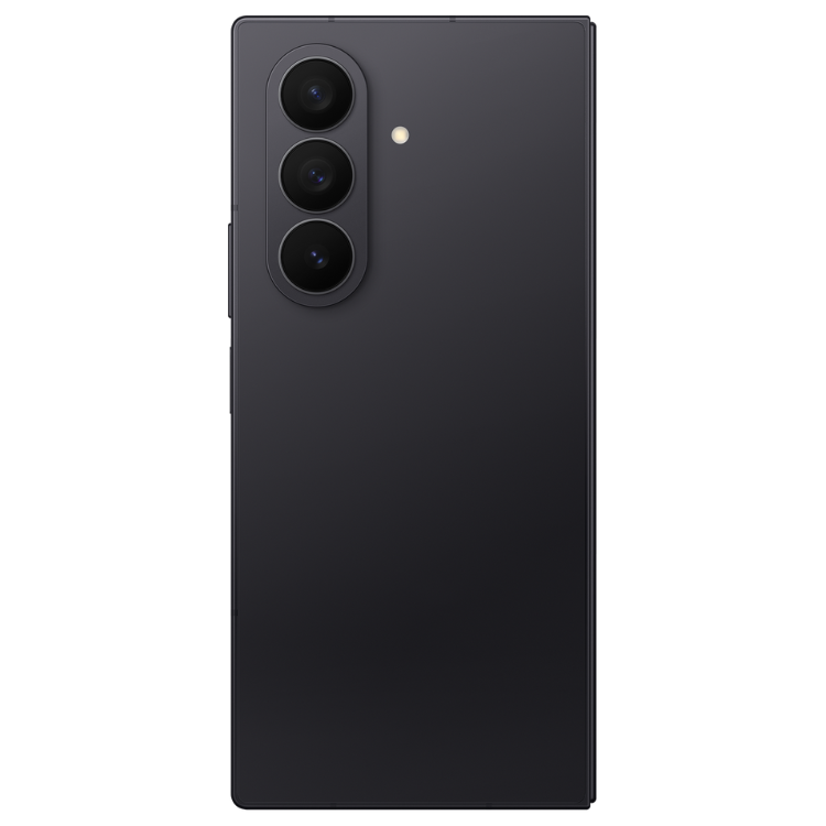 Smartphone Samsung Galaxy Z Fold7 preto, com três câmeras verticais na parte superior esquerda e um flash.