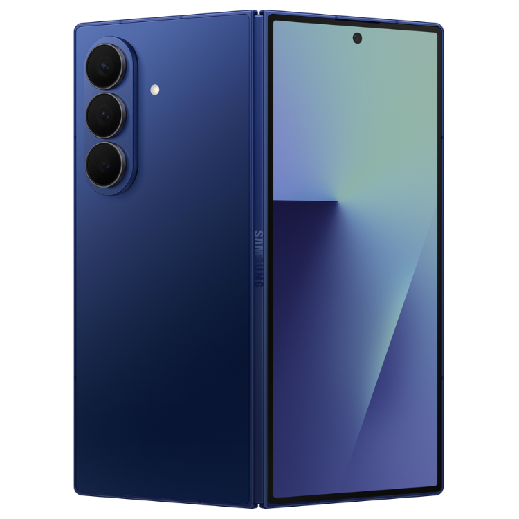 Samsung Galaxy Z Fold7 5G, azul, smartphone dobrável com 3 câmaras.