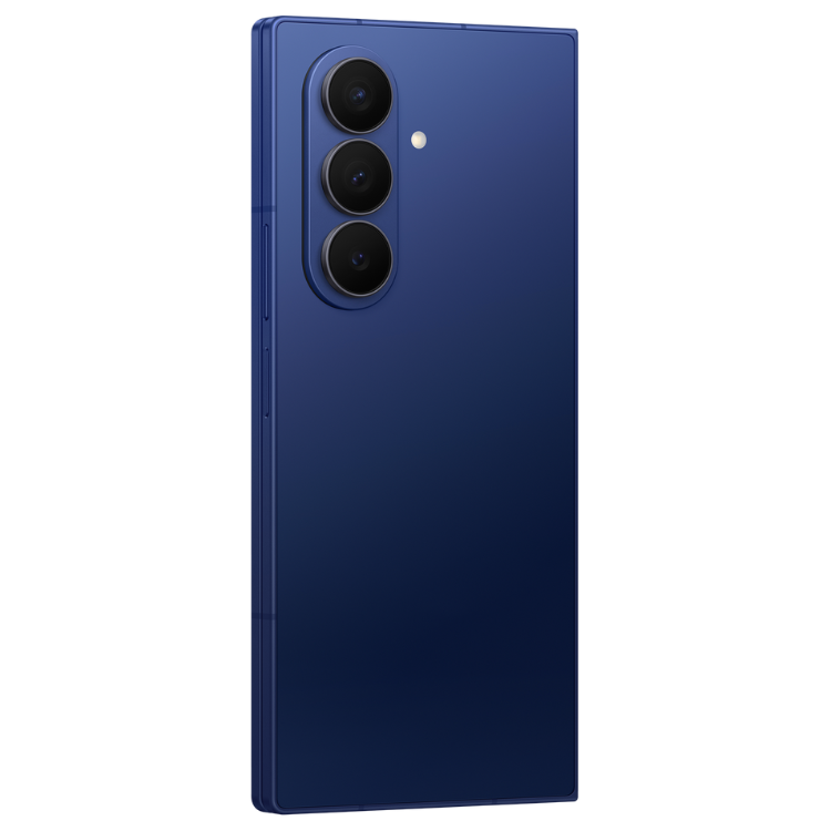 Samsung Galaxy Z Fold7 5G, azul, três câmeras verticais na parte de trás.