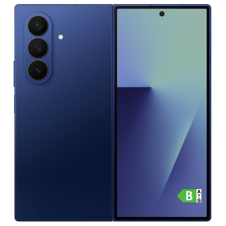 Samsung Galaxy Z Fold7, smartphone dobrável azul, 3 câmeras traseiras, ecrã ligado.