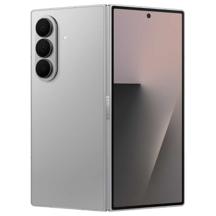 Samsung Galaxy Z Fold7 cinzento, smartphone dobrável com 3 câmaras e ecrã aberto.
