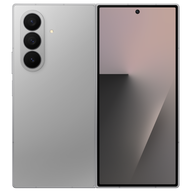 Samsung Galaxy Z Fold7 cinzento, smartphone dobrável com 3 câmaras e ecrã ligado.