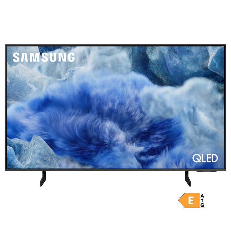 TV Samsung Q8F QLED 50" 4K, ecrã com imagem azul e roxa de peltos de neve e gelo, marca Samsung e logótipo QLED.