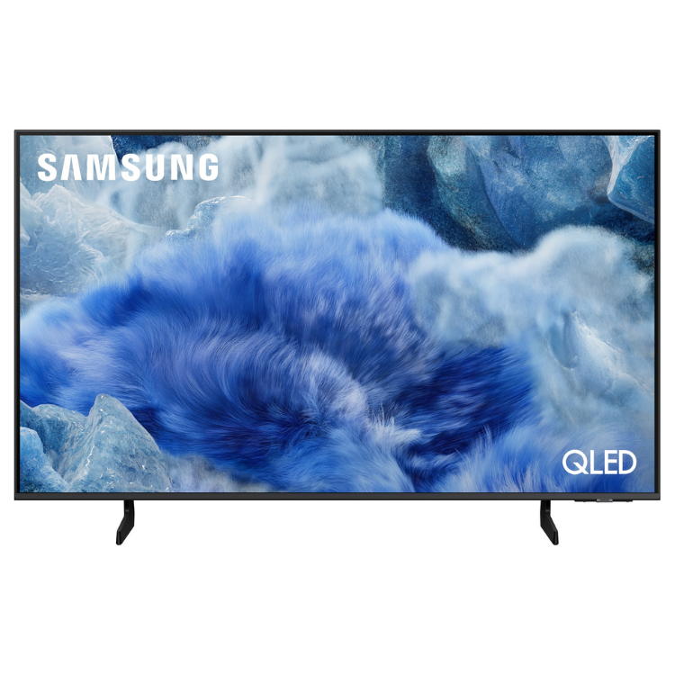 TV Samsung QLED 50" com imagem 4K de peltas azuis e gelo, logótipos SAMSUNG e QLED visíveis.