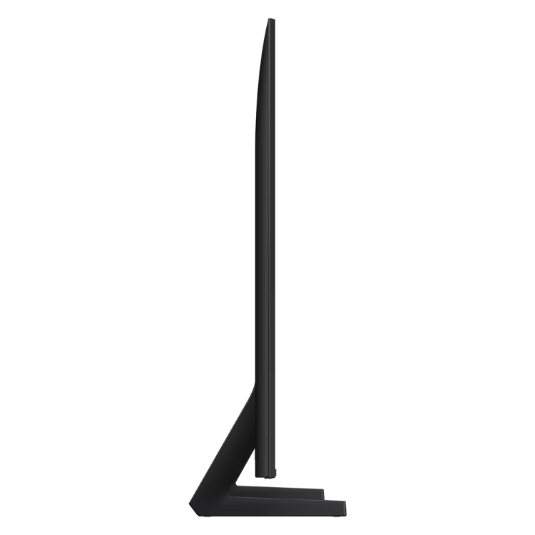 Televisão Samsung Q8F 50" preta com suporte, vista lateral.