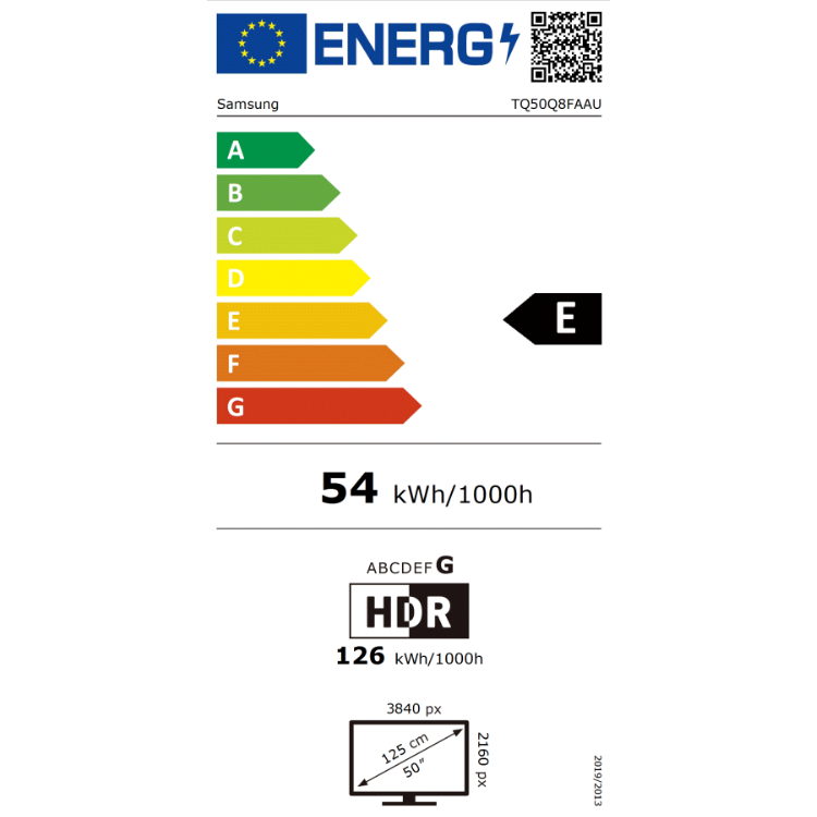 Etiqueta energética da televisão Samsung Q8F, eficiência E, 54 kWh/1000h, HDR, 50 polegadas, 4K.