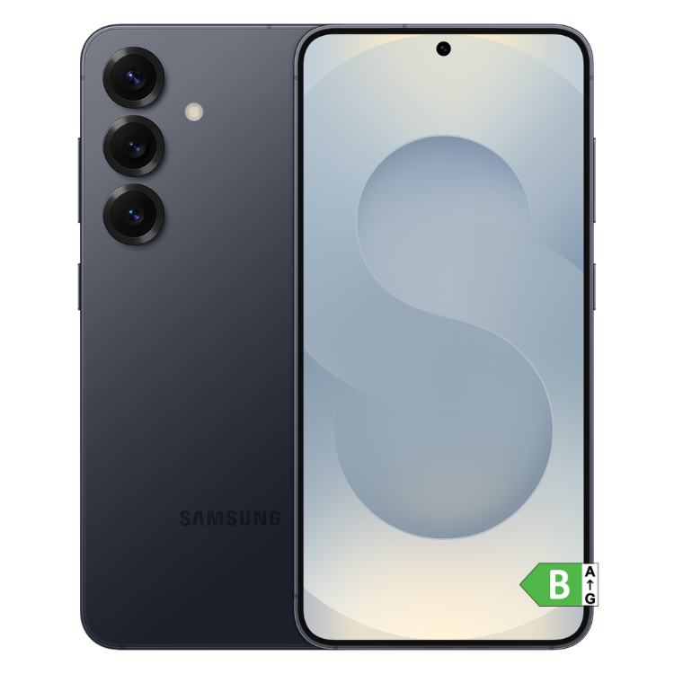 Smartphone Samsung Galaxy S25 5G, 12GB RAM, 256GB, azul escuro, câmaras triplas, ecrã ligado.