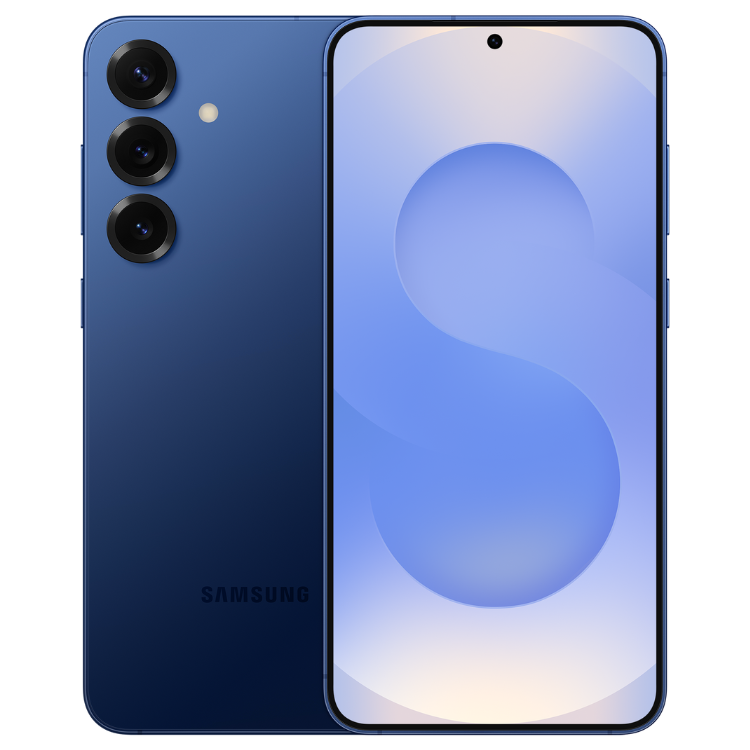 Smartphone Samsung Galaxy S25 FE 5G azul, com três câmeras na parte de trás e ecrã ligado.