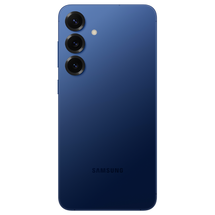 Samsung Galaxy S25 FE 5G, azul, três câmeras traseiras, logotipo SAMSUNG.